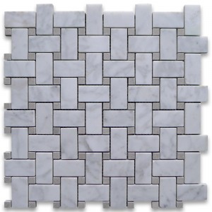 Carrara White 1x2 Basketweave with Grey Dots Polished Marble Mosaic